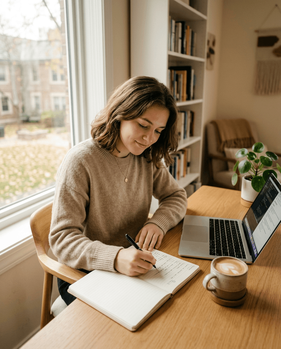 Student studying calmly at desk