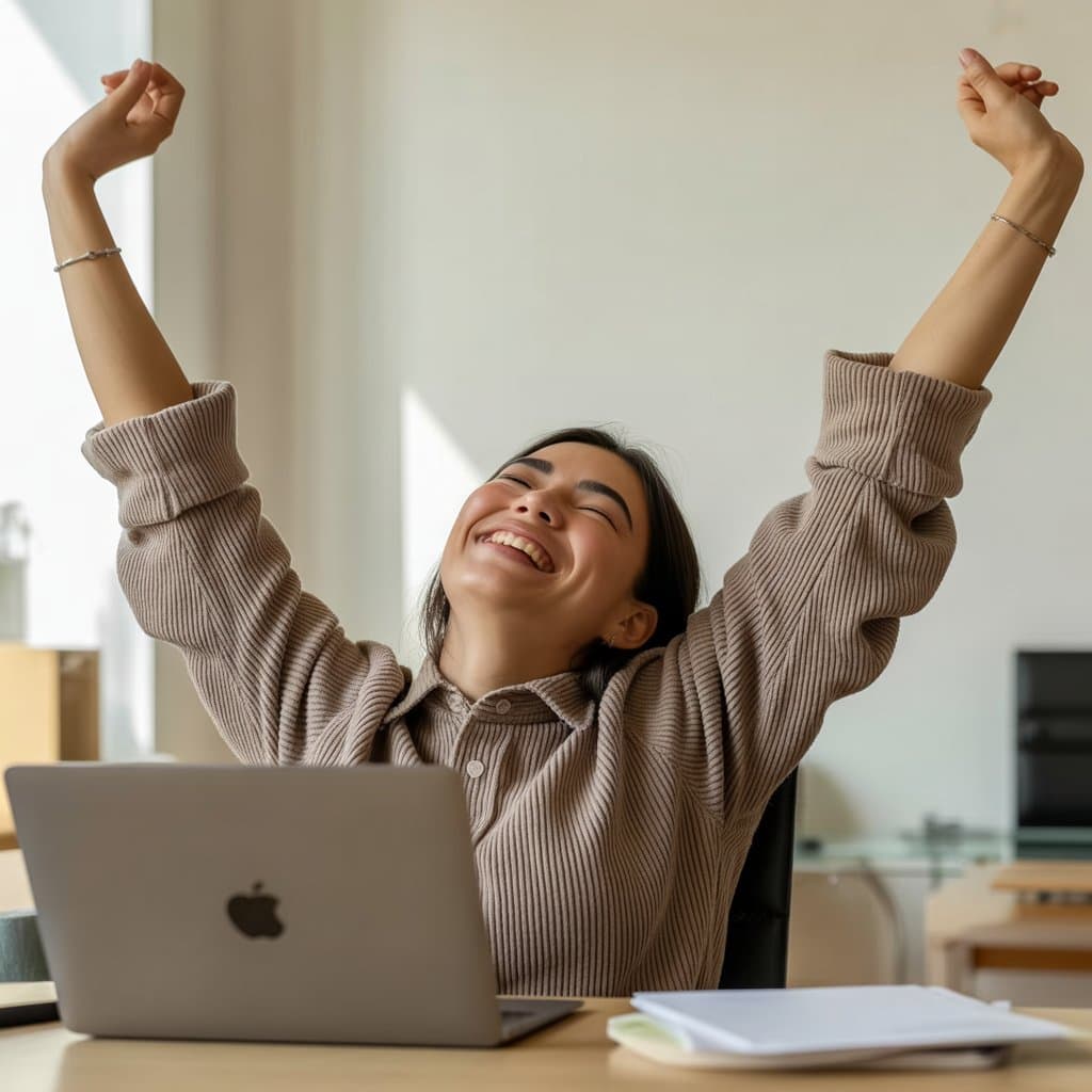 Student celebrating finishing a study session